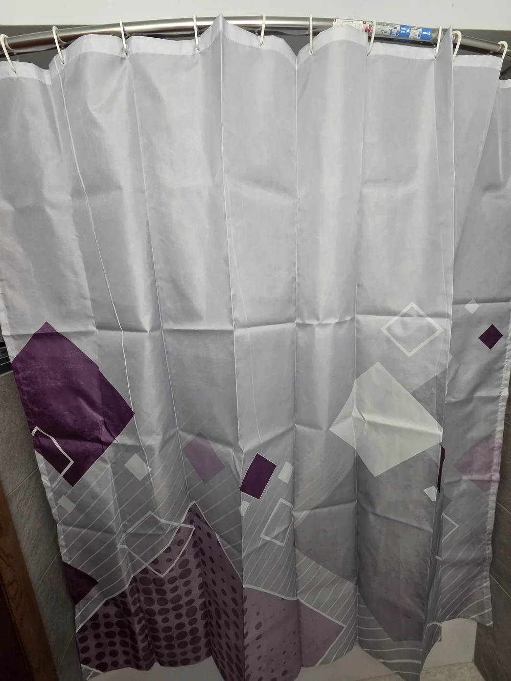 Geometric Purple and Gray Shower Curtain And Memory Foam Mat Set